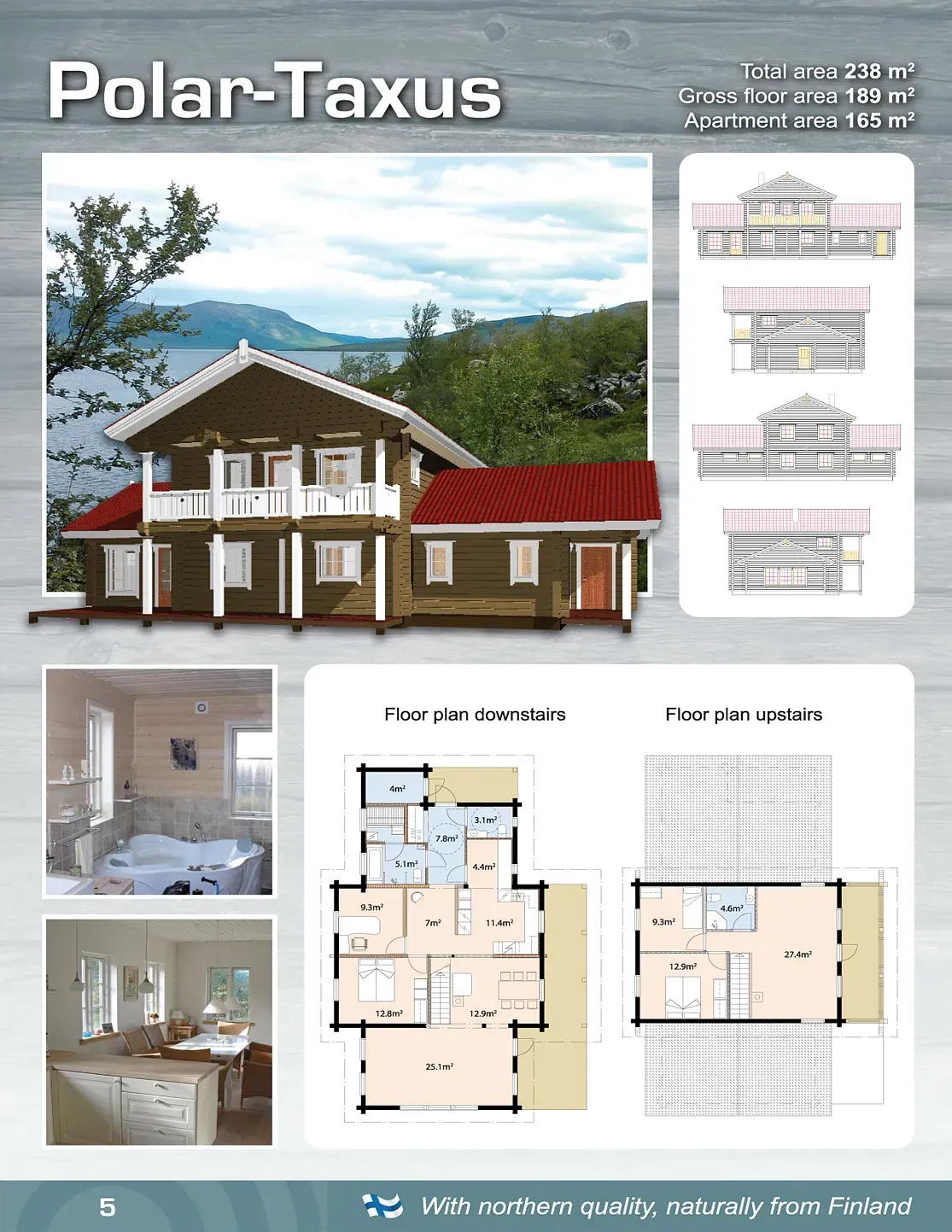 Zweistöckige braun-weiße Hütte. Grundrisse und Zimmerfotos enthalten. Titel „Polar-Taxus“.