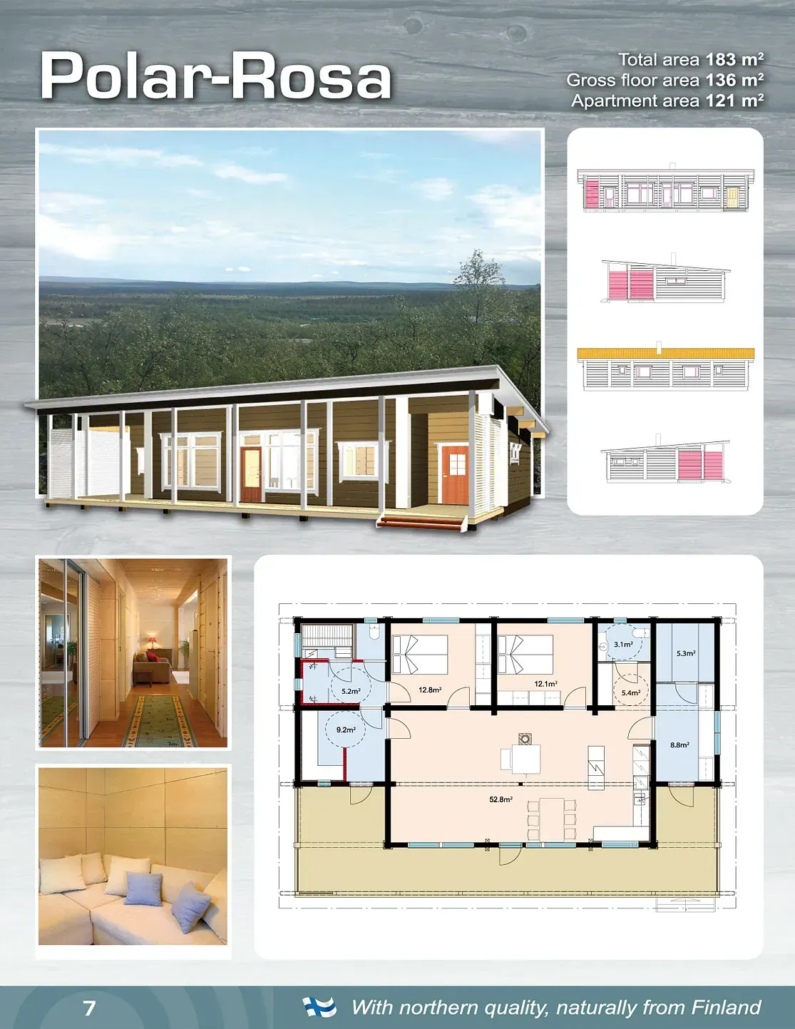 Модульный дом Polar-Rosa с планировкой и внутренним видом. На фотографии снаружи показана деревянная конструкция в поле.