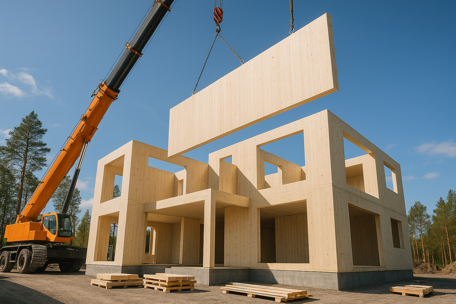 CLT-rakenteinen talo, jossa suuret ikkunat ja moderni arkkitehtuuri.