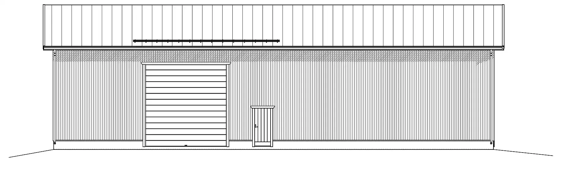 Svart-hvitt arkitektonisk gjengivelse av en bygningsfasade med vertikale linjer og rektangulære åpninger.