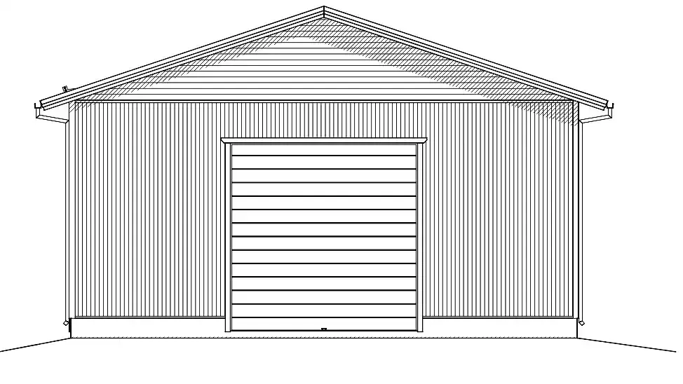Svartvit illustration av ett garage med rullport och sadeltak.