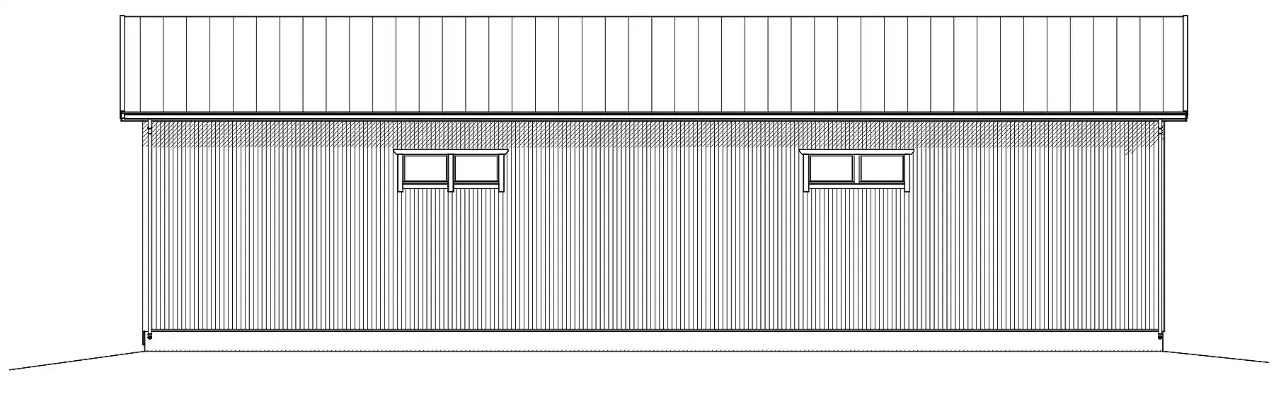 Svart-hvitt arkitektonisk tegning av en bygning med bølgepappkledning, vinduer og flatt tak.