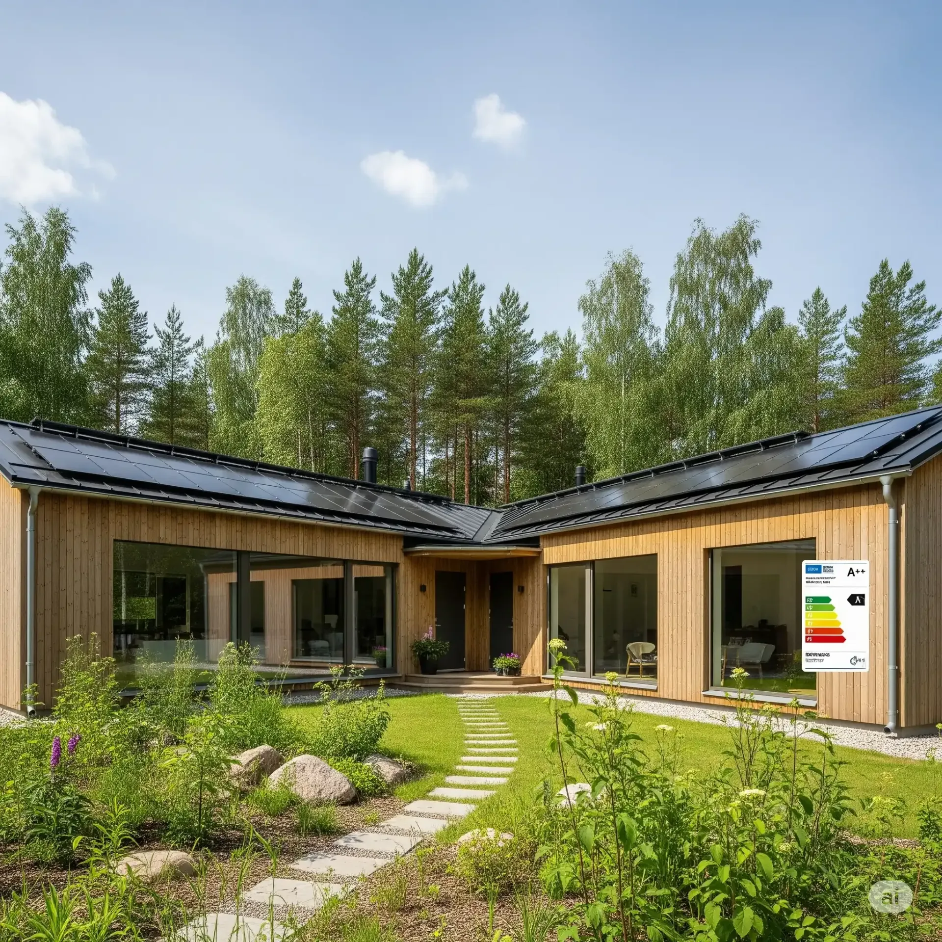 Energiatehokas moderni omakotitalo aurinkopaneeleineen ja vehreine ympäristöineen.