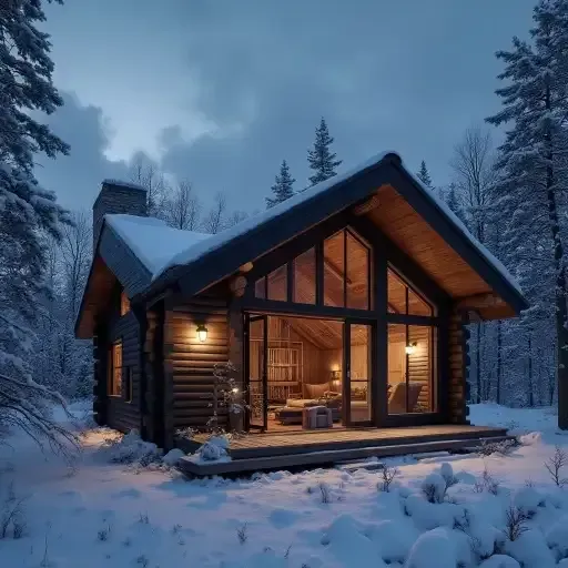 Cozy log cabin nestled in a snowy forest at dusk, lights glowing from within.