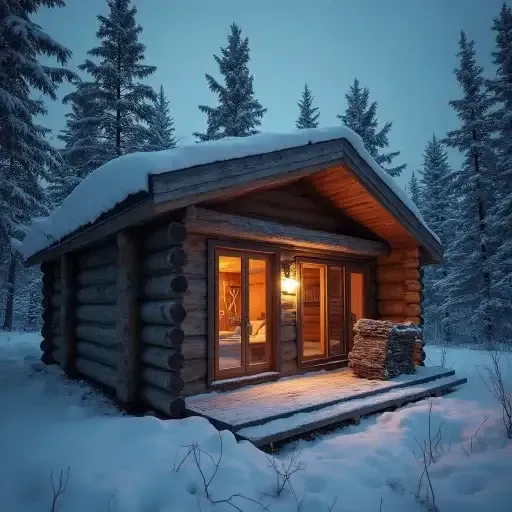 Cozy wooden cabin in a snowy forest, warm light glows from the windows, suggesting interior.