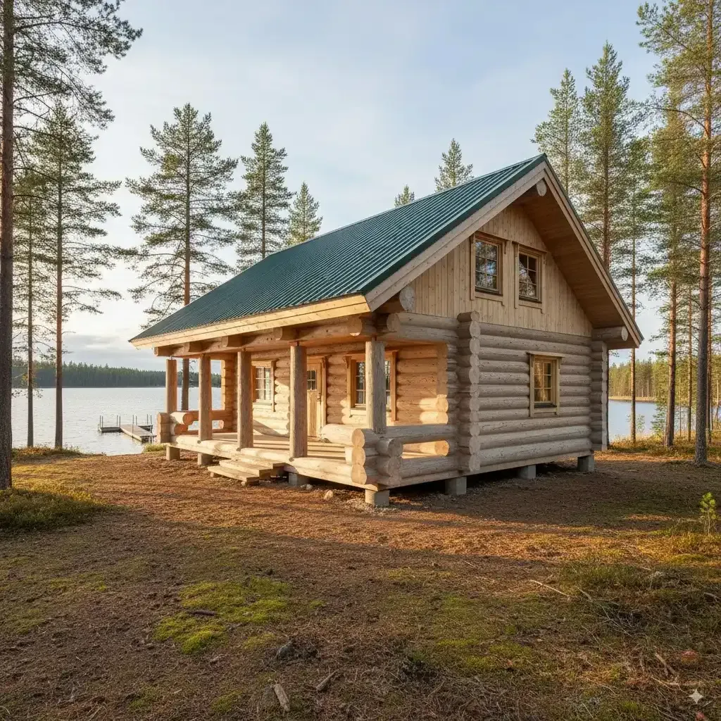 Pyöröhirrestä tehty moderni mökki