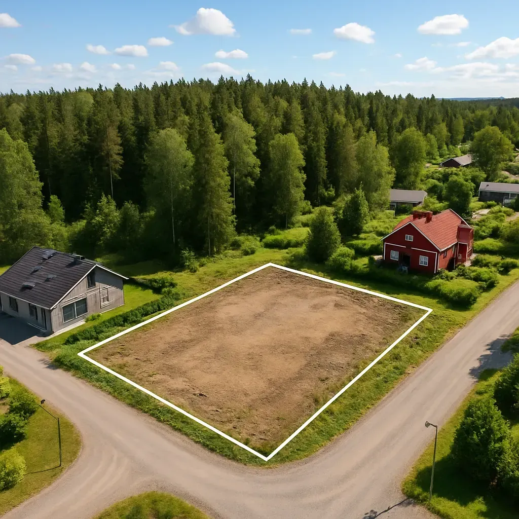 Flygbild över en obebyggd villatomt i skogsbrynet – valet av tomt börjar med en bedömning av plansituationen och terrängen.