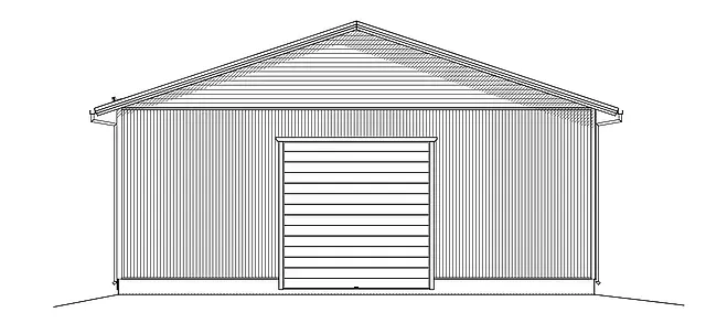 En svartvit teckning av ett förråd med en rullport.