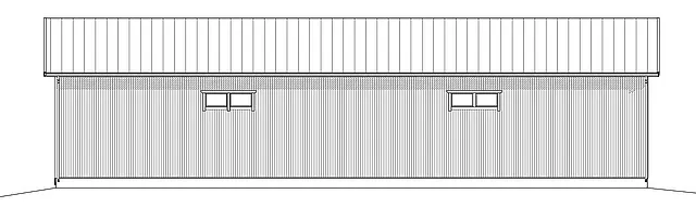 Fasadetegning av en rektangulær bygning med to vinduer og bølgeblikktak.