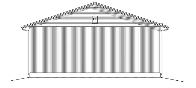 Ritning av en byggnad med sadeltak och vertikal fasadbeklädnad. Det finns en liten rektangel nära takets topp.