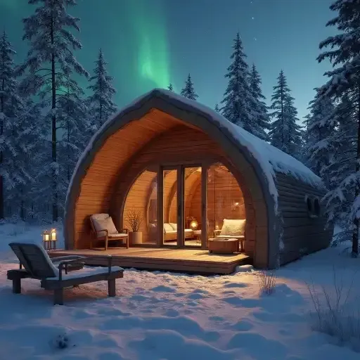 Wooden cabin in snowy forest, Northern Lights overhead, cozy interior lights.