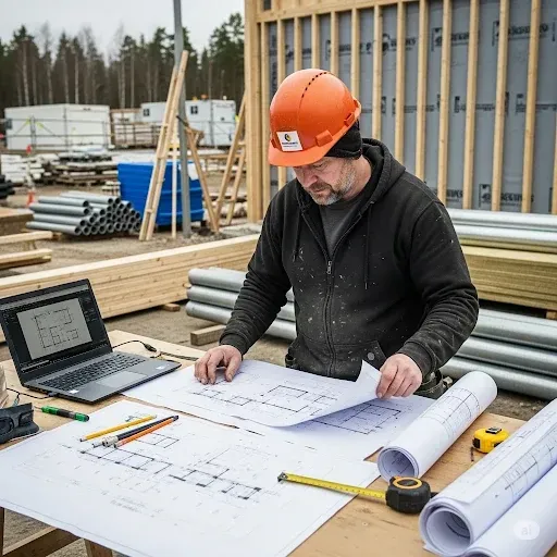 Pääsuunnittelija tarkastelee rakennuspiirustuksia varmistaen suunnitelmien yhteensopivuuden rakennushankkeessa.