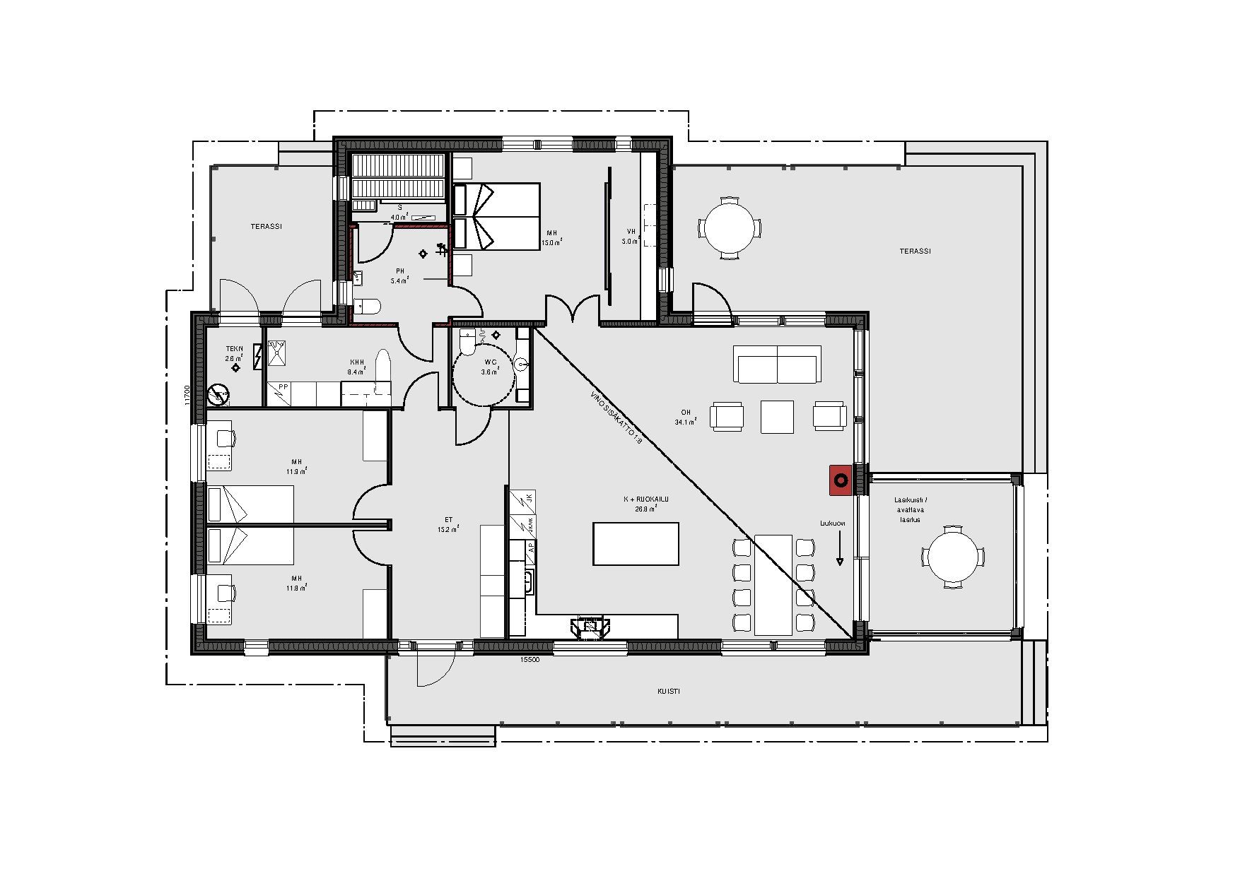 Plantegning av en moderne leilighet med oppholdsrom, soverom og balkong.