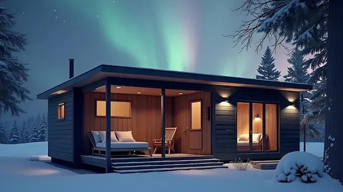 A small house in the middle of a snowy forest with the northern lights in the background.