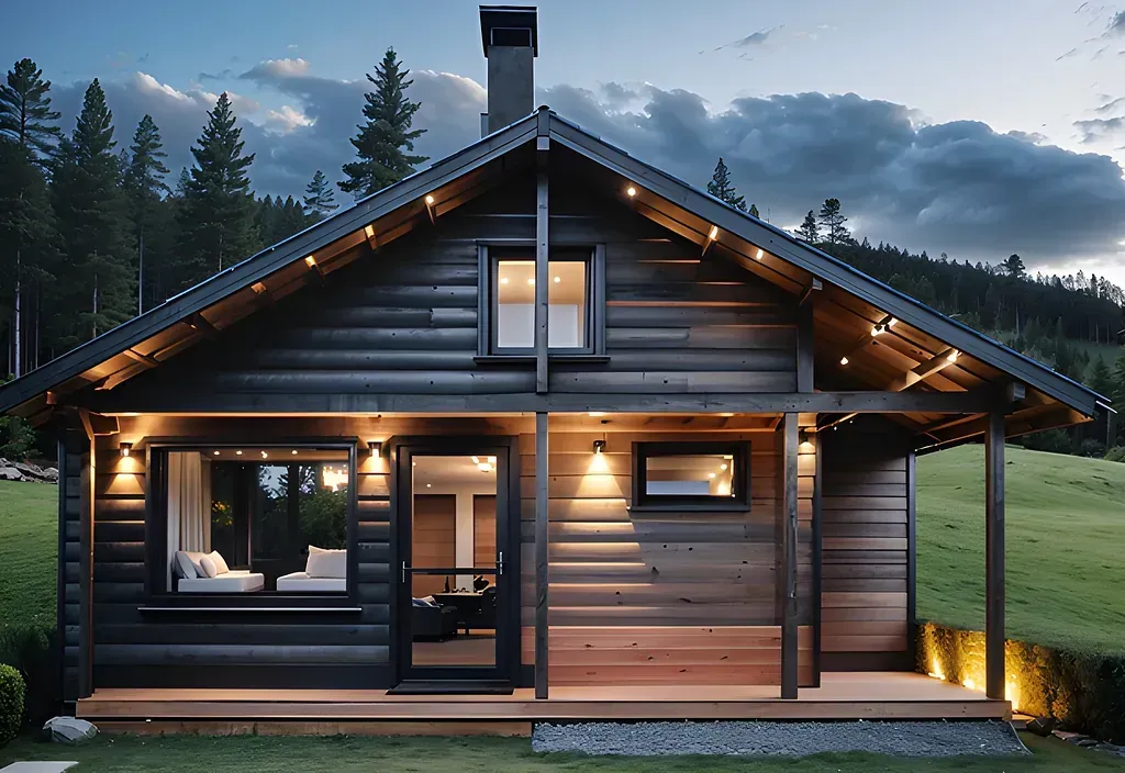 Mysig, mörk trästuga i skymningen, upplyst med utomhusbelysning. Skogbakgrund.