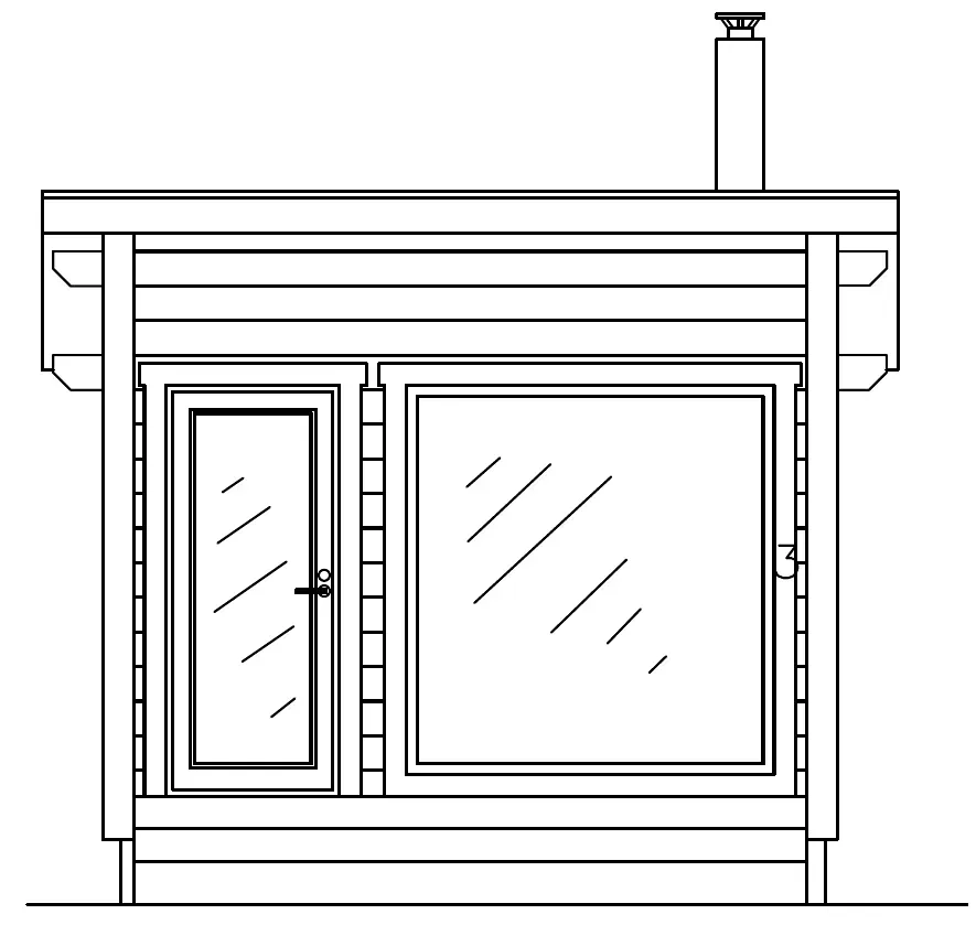 Svartvit linjeteckning av en liten stuga med dörr, fönster och skorsten.