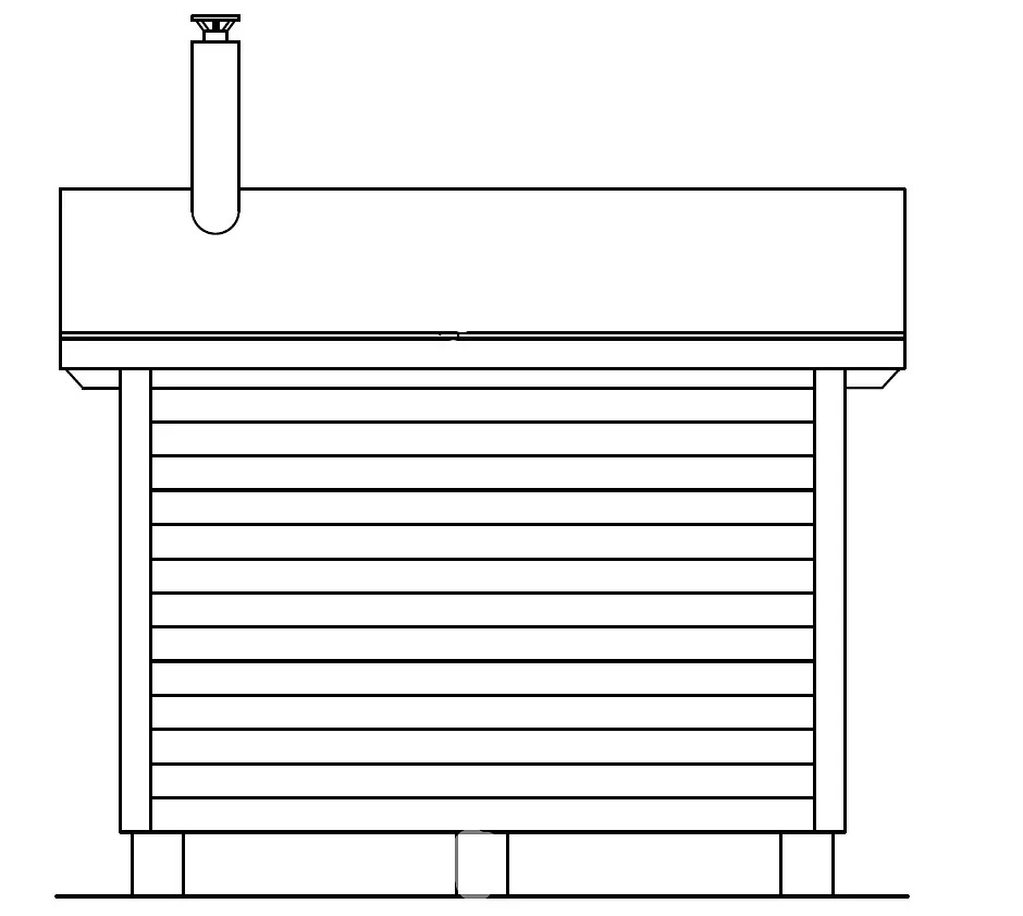 Sidovy av en liten träbastu med skorsten, på ett betongfundament.