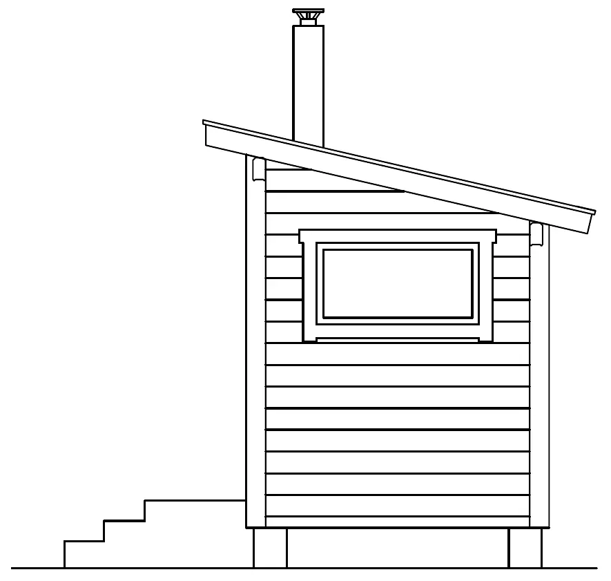 Sidovy av en liten träbastu med sluttande tak, fönster, skorsten och trappsteg.