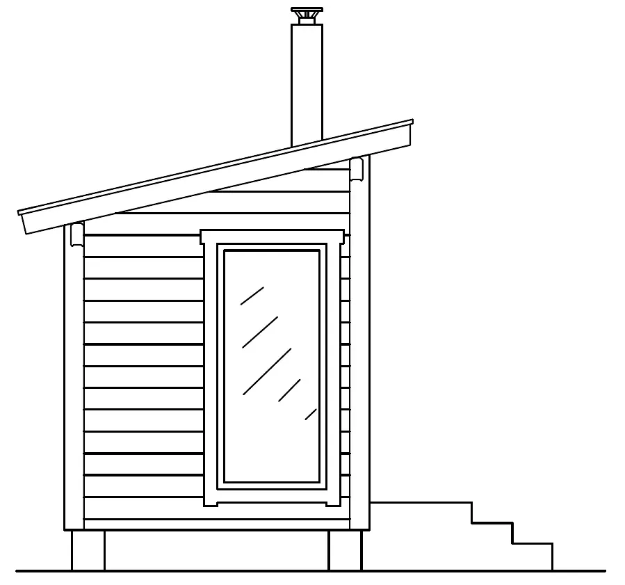 Svartvit teckning av en liten bastuliknande struktur med snedtak, skorsten, dörr och trappsteg.