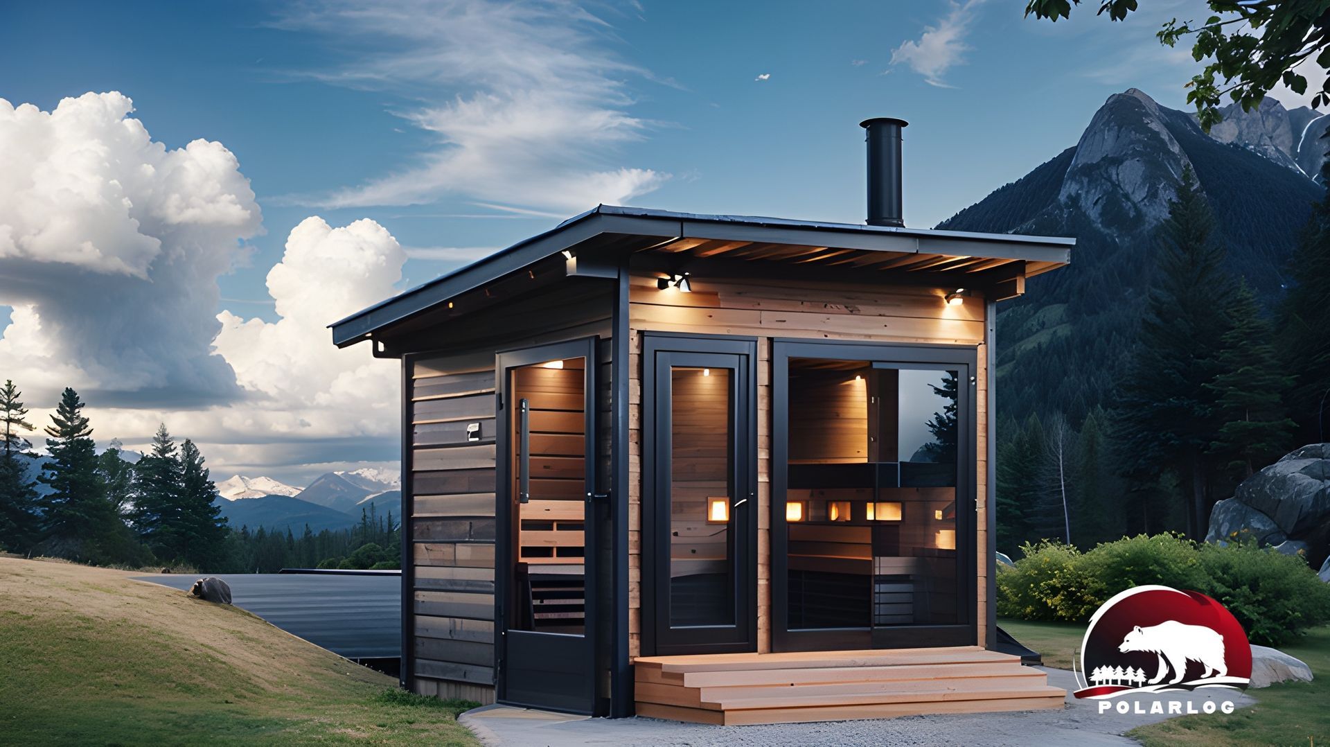 Bastu i trä med glasdörrar, utomhusbelysning och berg i bakgrunden.