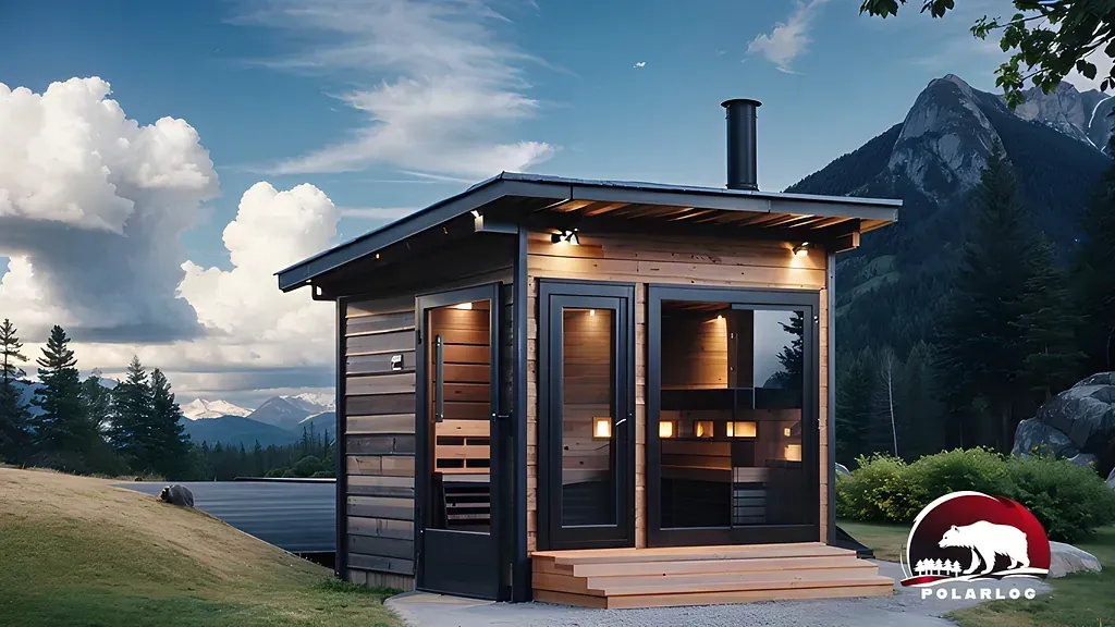 Träbastu med mörka dörrar, skorsten och belysning mot en bergsbakgrund.