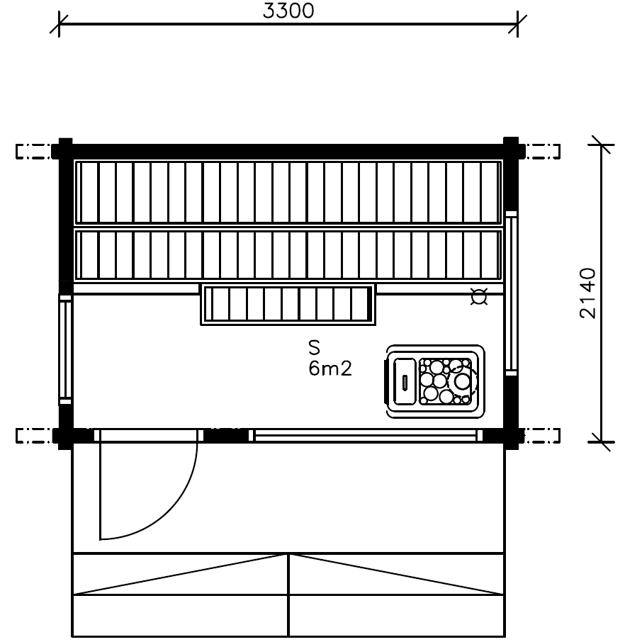 Vy uppifrån av en liten stuga med bastuavdelning och entré. Måtten är markerade.