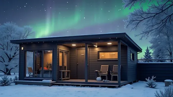 A small house with a porch in the snow under the Northern Lights.