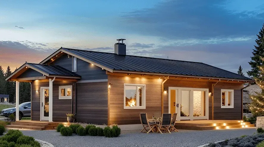 Holzbungalow mit weißen Verzierungen, beleuchtet in der Abenddämmerung. Sitzbereich im Freien. Bäume und Auto im Hintergrund.