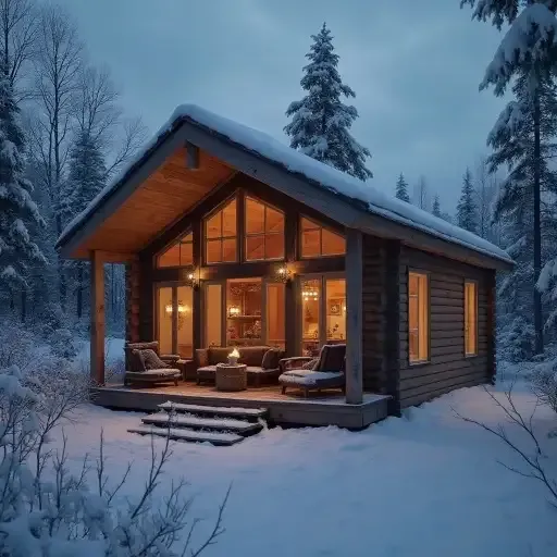 Snow-covered cabin with warm lights, nestled in a winter forest, featuring a porch with seating.