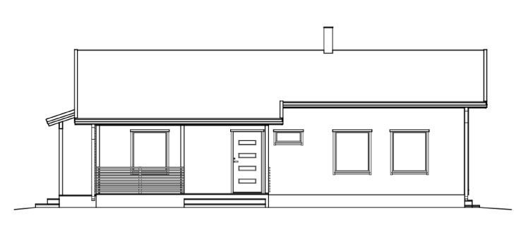Fasadetegning av et hus med veranda, dør og vinduer, under skråtak.
