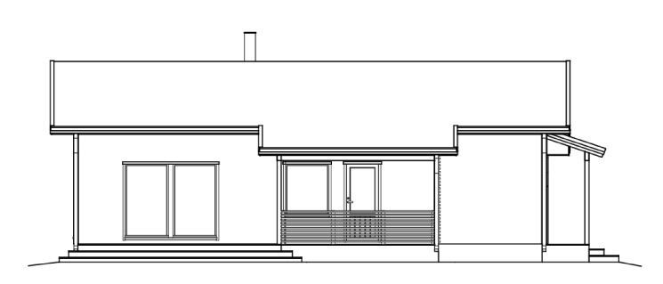 Fasadetegning av et enkelt hus med veranda og pipe.