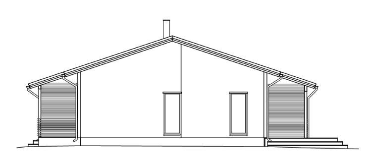 Fasade av en bygning med saltak, to dører og sidekonstruksjoner.