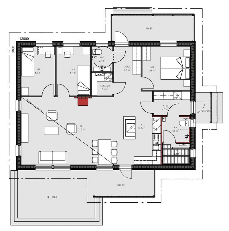 Plantegning av et hus med merkede rom, inkludert soverom, stue og kjøkken, med terrasse.