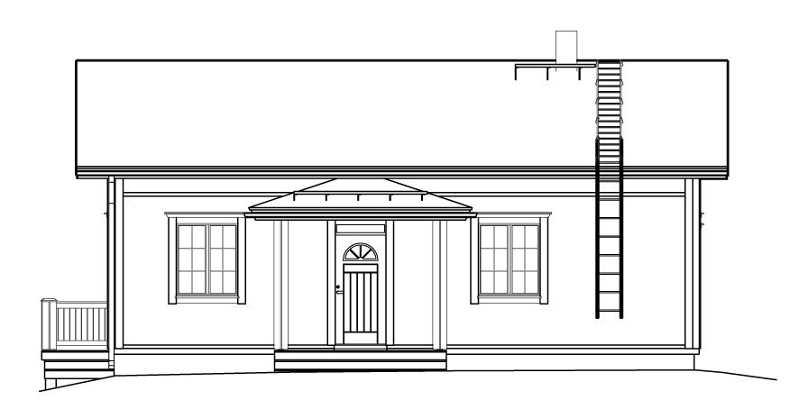 Fasadetegning av et hus med veranda, vinduer og takstige.