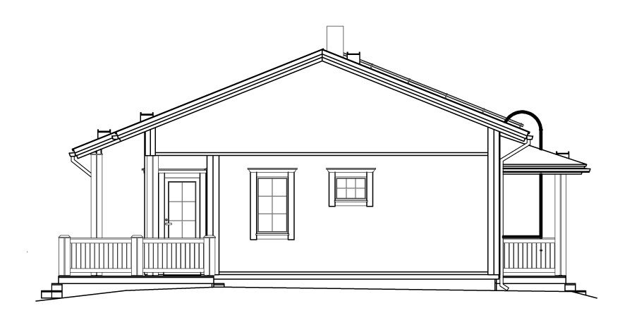 Sidevisning av et hus med veranda, vinduer og skorstein.