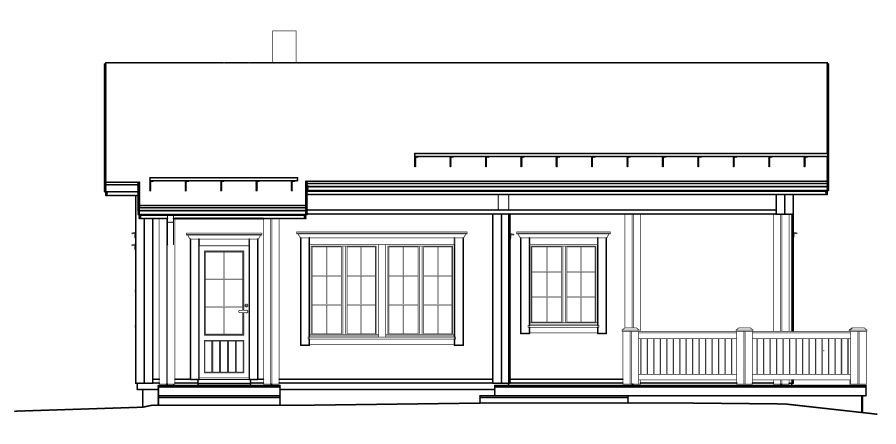 Fasadetegning av et hus med veranda, dør og vinduer.