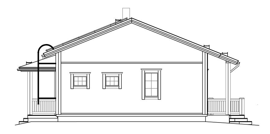 Arkitektonisk tegning fra siden av et hus med veranda, vinduer og skorstein.