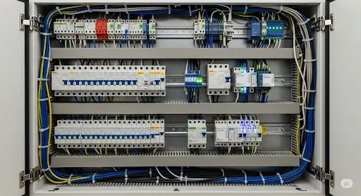 Siististi asennettu sähkökeskus, jossa on näkyvissä älykodin KNX-automaatiomoduuleita.