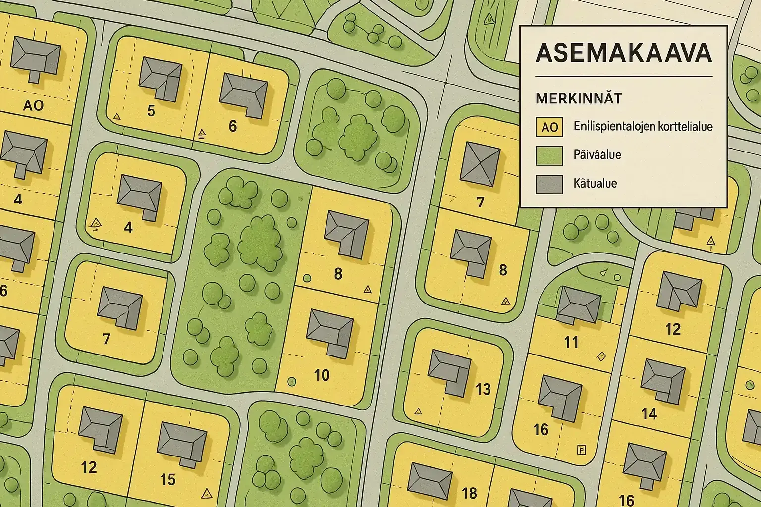 Asemakaavakartta esittää rakennuspaikat ja alueen käyttötarkoitukset.