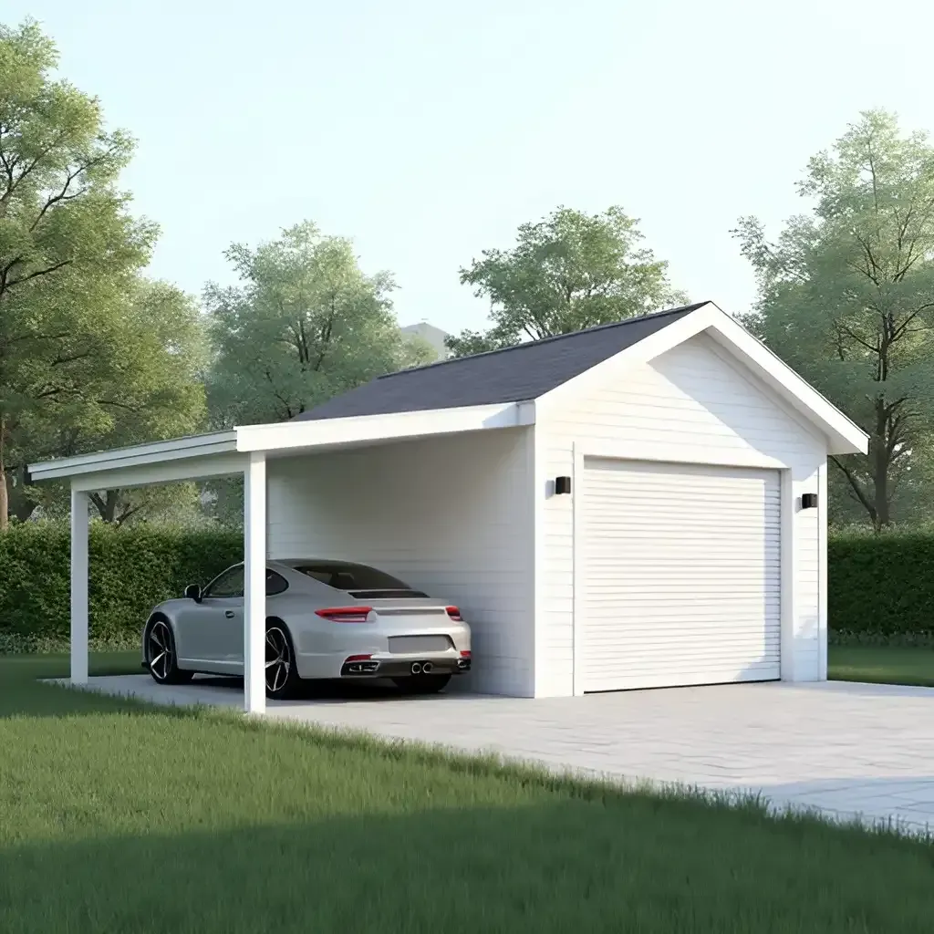 Vitt garage med carport; silverfärgad bil parkerad inuti. Grönt gräs och träd omger byggnaden.