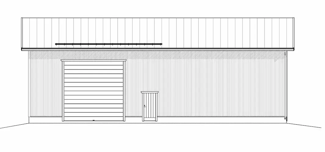 Linjeritning av en korrugerad plåtbyggnad med en rullport, en liten dörr och en markis.