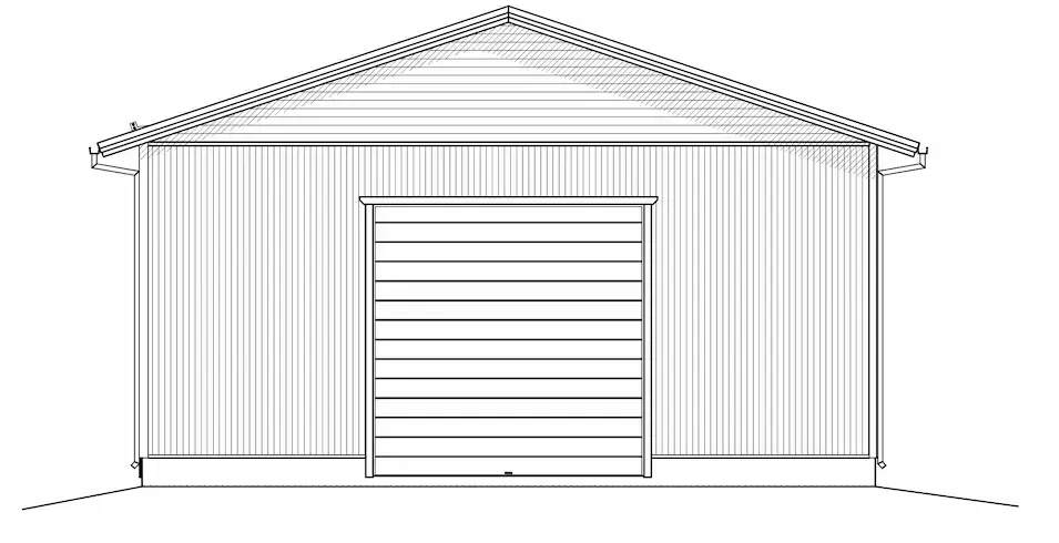 Linjeritning av ett skjul med sluttande tak och en rullport för garaget.