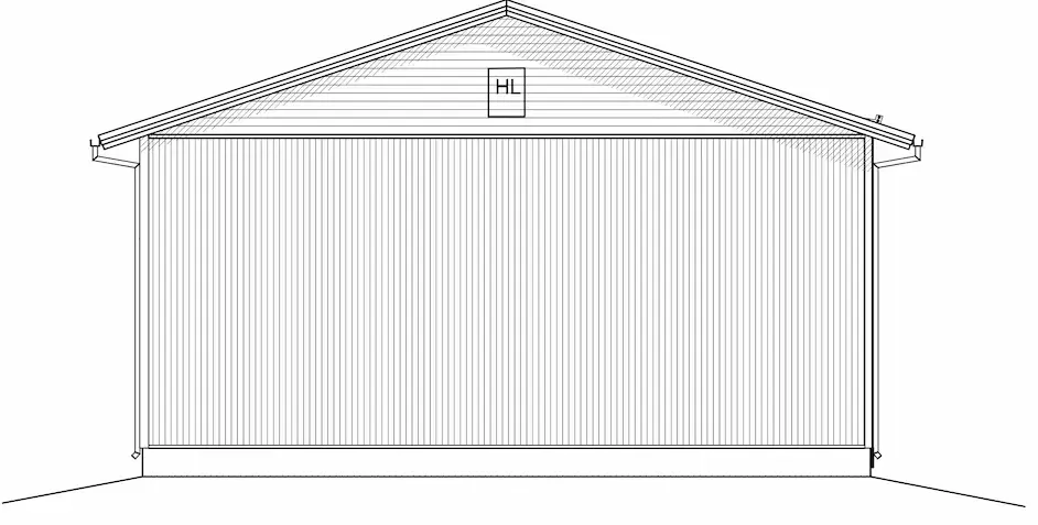 Utvändig vy av en byggnad med sadeltak, vertikal fasad och ett litet rektangulärt fönster.