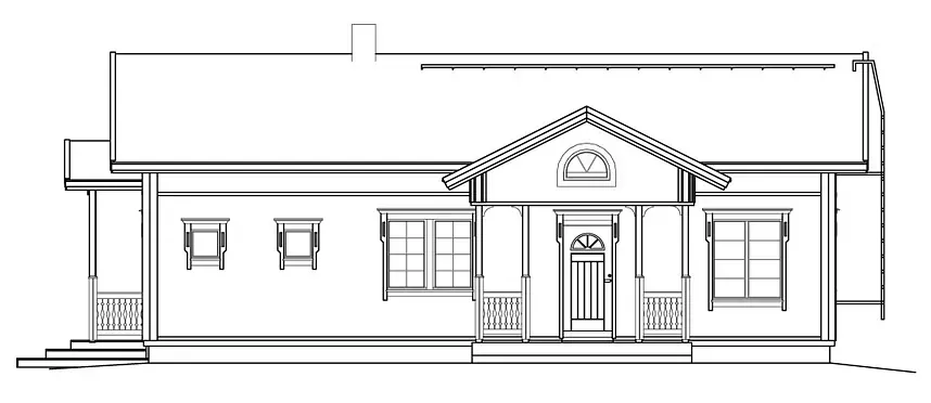Strichzeichnung eines Hauses mit Veranda und detailliertem Vordereingang.