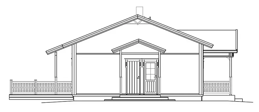 Strichzeichnung eines Hauses mit Veranda, Vorbau und Satteldach.