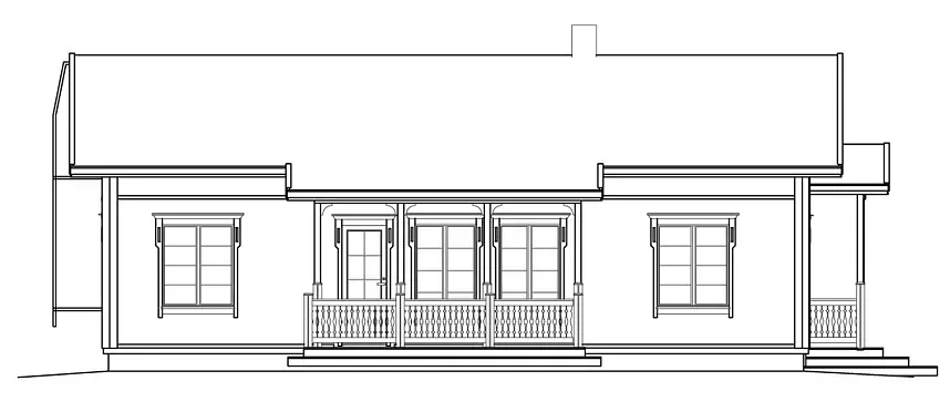 Architektonische Ansicht eines einstöckigen Hauses mit Veranda und Fenstern.