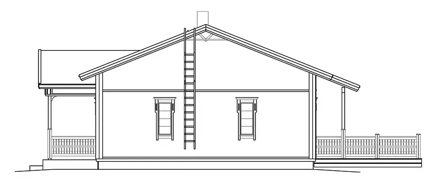 Seitenansicht eines Hauses mit Veranda, zwei Fenstern und einer Leiter, die bis zum Dach reicht.