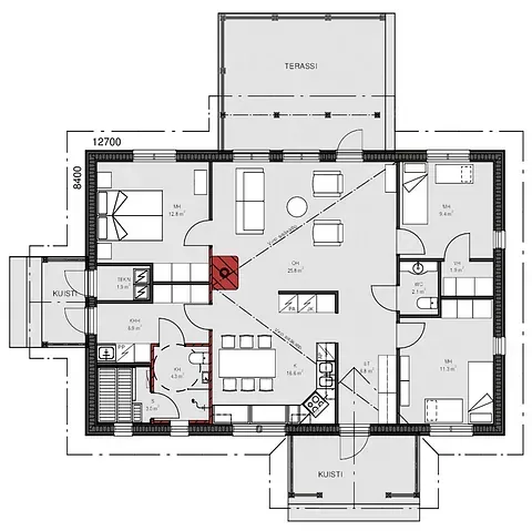 Grundriss eines Hauses mit beschrifteten Räumen, darunter eine Küche, Schlafzimmer und ein Essbereich.