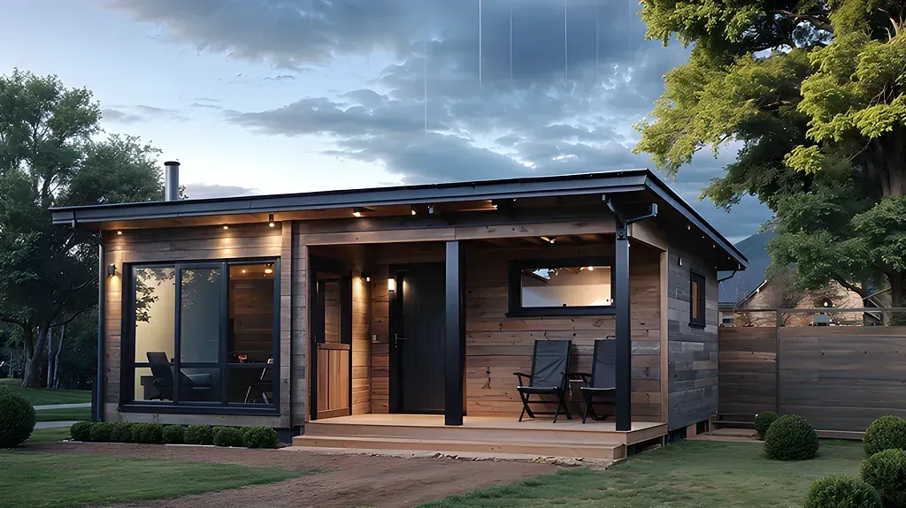 Trästuga med veranda, stort fönster och två stolar i en gräsbevuxen gård under en molnig himmel.