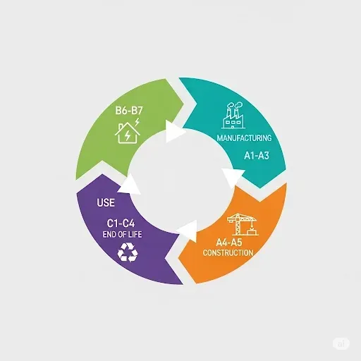 Diagram över byggnadens livscykelskeden från materialtillverkning till rivning och deras andelar av koldioxidavtrycket.